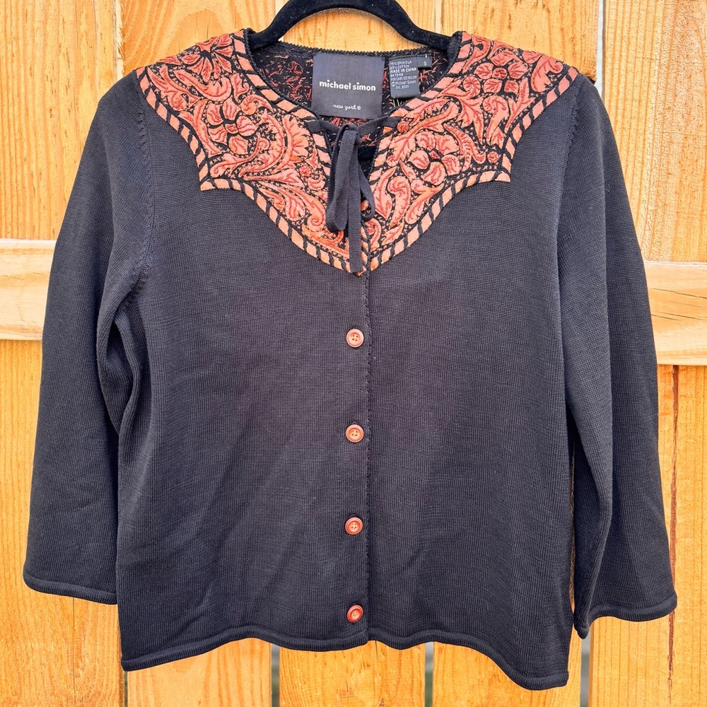 MICHAEL SIMON Embroidered Leather Detail Cardigan, Western